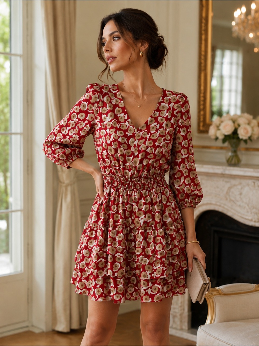 Joy Joy Red Floral V-Neck Smocked Mini Dress